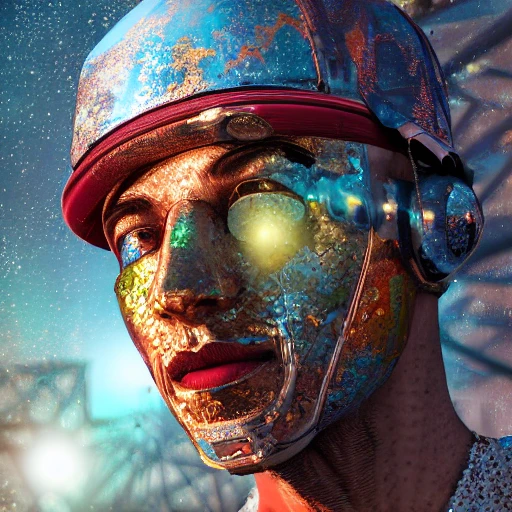 realistic mdjrny-v4 style, closeup profile portrait of a metal chromium man, decorated with fabrics, rusty metal, sunrising, cinematic lighting, 85mm, bokeh, sci-fi atmosphere, blockbuster, in a epic landscape with a stream, 8K resolution, polished ethereal divine magical