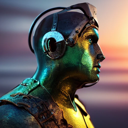 realistic mdjrny-v4 style, closeup profile portrait of a metal chromium man, decorated with fabrics, rusty metal, sunrising, cinematic lighting, 85mm, bokeh, sci-fi atmosphere, blockbuster, in a epic landscape with a stream, 8K resolution, polished ethereal divine magical, Trippy