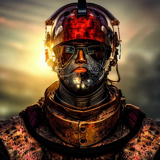 realistic mdjrny-v4 style, closeup profile portrait of a metal chromium man, decorated with fabrics, rusty metal, sunrising, cinematic lighting, 85mm, bokeh, sci-fi atmosphere, blockbuster, in a epic landscape with a stream, 8K resolution, polished ethereal divine magical, Pencil Sketch, 3D, Cartoon, Water Color, Oil Painting, Trippy