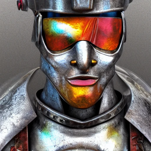 realistic mdjrny-v4 style, closeup profile portrait of a metal chromium man of a Wizard  warrior , decorated with fabrics, rusty metal, sunrising, cinematic lighting, 85mm, bokeh, sci-fi atmosphere, blockbuster, in a epic landscape with a stream, 8K resolution, polished ethereal divine magical, Pencil Sketch, 3D, Cartoon, Water Color, Oil Painting, Trippy