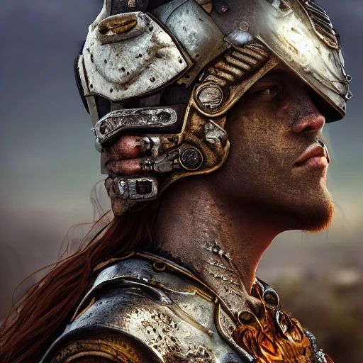 realistic mdjrny-v4 style, closeup profile portrait of a metalique and chromium Wizard  warrior , decorated with fabrics, rusty metal, sunrising, cinematic lighting, 85mm, bokeh, sci-fi atmosphere, blockbuster, in a epic landscape with a stream, 8K resolution, polished ethereal divine magical