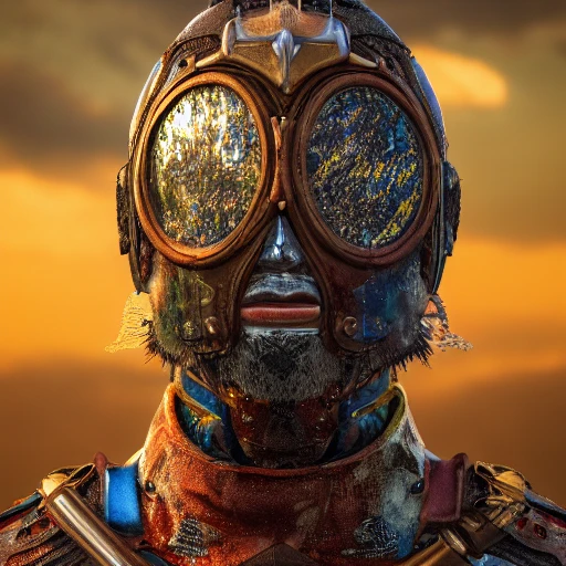 realistic mdjrny-v4 style, closeup profile portrait of a metalique and chromium Wizard  warrior , decorated with fabrics, rusty metal, sunrising, cinematic lighting, 85mm, bokeh, sci-fi atmosphere, blockbuster, in a epic landscape with a stream, 8K resolution, polished ethereal divine magical, Trippy