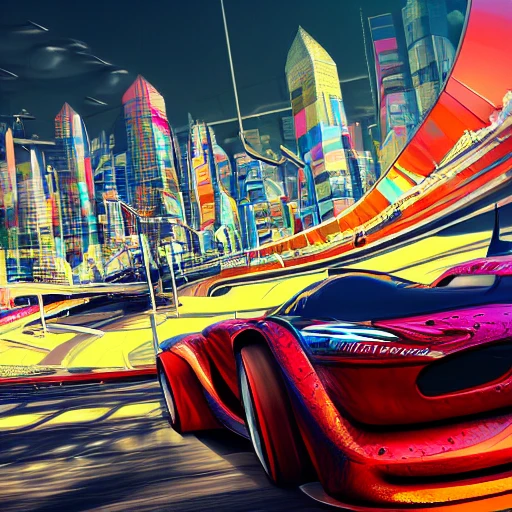 a portrait of a fast running racing car, modern city in the background, colorful, hyperdetailed, intricate, concept art, smooth, 3d, 8k resolution wallpaper, trending on artstation,