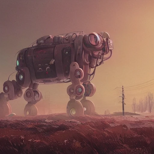 a landscape by simon stalenhag of a very large realistic highly detailed imposing robotic mechanical cat, stranded alone and roaming in the chaos across a depressing abandoned post – apocalyptic landscape, post – apocalyptic corrupted themes, artstation trending, beautiful art landscape, detailed simon stalenhag landscape