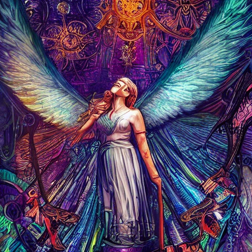 angel tarot card  environment, complex, wide view + color pen and ink, illustration, realistic, maximalist, spectacular details, 8K, concept art, cinematic, atmospheric, epic composition, dramatic light, + vibrant colors, high contrast 