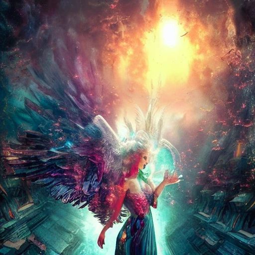 angel tarot card  environment, complex, wide view + realistic, maximalist, spectacular details, 8K, concept art, cinematic, atmospheric, epic composition, dramatic light, + vibrant colors, high contrast 