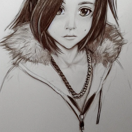 realistic:1.8, 1girl, solo, beautiful girl, wolf ears on girl, masterpiece, highest quality, looking at viewers, highres, indoors, detailed face and eyes, brown hair, short hair, silver eyes, necklace, sneakers, parka jacket, Pencil Sketch, Pencil Sketch