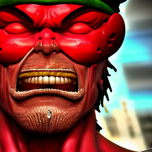 side close up portrait of luffy detailed face, large muscles, 8 pecs, shiny, insanely realistic, chiseled jaw, very muscular, full body, dynamic standing pose, spotlight, cyberpunk city, wired, multicolored, vibrant high contrast, hyperrealistic, photografic, 8k, epic ambient light, octane render