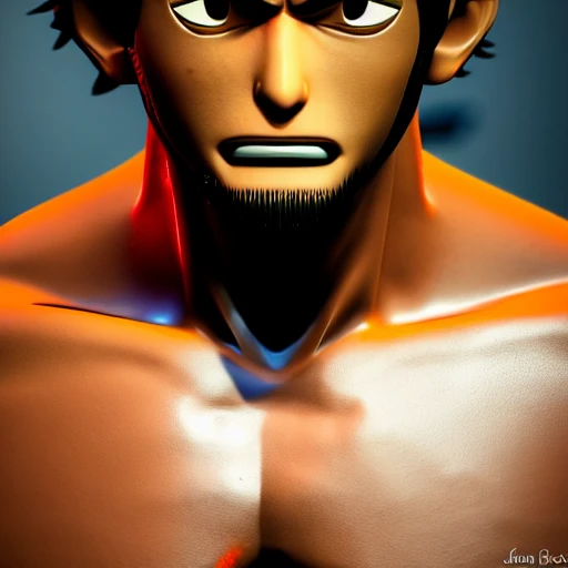 side close up portrait of luffy detailed face, large muscles, 8 pecs, shiny, insanely realistic, chiseled jaw, very muscular, full body, dynamic standing pose, spotlight, cyberpunk city, wired, multicolored, vibrant high contrast, hyperrealistic, photografic, 8k, epic ambient light, octane render