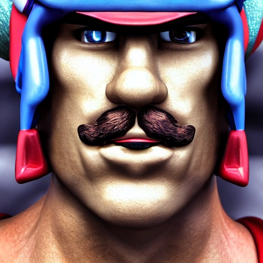 side close up portrait of Super Mario detailed face, large muscles, 8 pecs, shiny, insanely realistic, chiseled jaw, very muscular, full body, dynamic standing pose, spotlight, cyberpunk city, wired, multicolored, vibrant high contrast, hyperrealistic, photografic, 8k, epic ambient light, octane render, 712 x 430