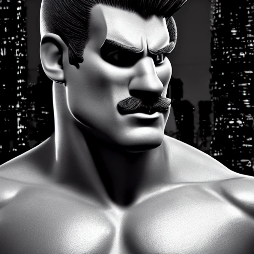 side close up portrait of Super Mario detailed face, large muscles, 8 pecs, shiny, insanely realistic, chiseled jaw, very muscular, full body, dynamic standing pose, spotlight, cyberpunk city, wired, multicolored, vibrant high contrast, hyperrealistic, photografic, 8k, epic ambient light, octane render, 712 x 430