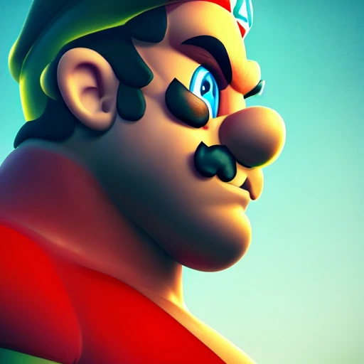 side close up portrait of Super Mario detailed face, large muscles, 8 pecs, shiny, insanely realistic, chiseled jaw, very muscular, full body, dynamic standing pose, spotlight, cyberpunk city, wired, multicolored, vibrant high contrast, hyperrealistic, photografic, 8k, epic ambient light, octane render, 712 x 430