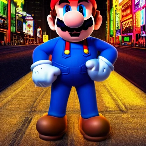 full body portrait of Super Mario detailed face, tall and big body, large muscles, 8 pecs, shiny, insanely realistic, chiseled jaw, very muscular, full body, dynamic standing pose, spotlight, cyberpunk city, wired, multicolored, vibrant high contrast, hyperrealistic, photografic, 8k, epic ambient light, octane render, 712 x 430