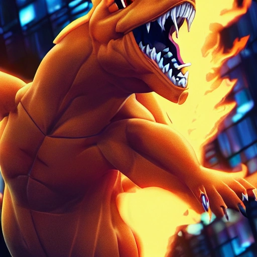 side close up portrait of charizard detailed face, large muscles, 8 pecs, shiny, insanely realistic, chiseled jaw, very muscular, full body, dynamic standing pose, spotlight, cyberpunk city, wired, multicolored, vibrant high contrast, hyperrealistic, photografic, 8k, epic ambient light, octane render, 712 x 430