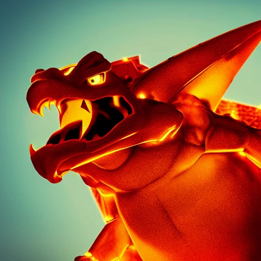 side close up portrait of charizard detailed face, large muscles, 8 pecs, shiny, insanely realistic, chiseled jaw, very muscular, full body, dynamic standing pose, spotlight, cyberpunk city, wired, multicolored, vibrant high contrast, hyperrealistic, photografic, 8k, epic ambient light, octane render, 712 x 430