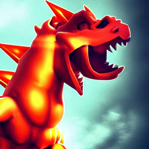 side close up portrait of charizard detailed face, large muscles, 8 pecs, shiny, insanely realistic, chiseled jaw, very muscular, full body, dynamic standing pose, spotlight, cyberpunk city, wired, multicolored, vibrant high contrast, hyperrealistic, photografic, 8k, epic ambient light, octane render, 712 x 430