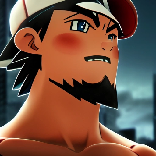 side close up portrait of ash Ketchum detailed face, large muscles, 8 pecs, shiny, insanely realistic, chiseled jaw, very muscular, full body, dynamic standing pose, spotlight, cyberpunk city, wired, multicolored, vibrant high contrast, hyperrealistic, photografic, 8k, epic ambient light, octane render, 712 x 430