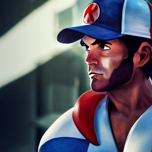 side close up portrait of ash Ketchum detailed face, large muscles, 8 pecs, shiny, insanely realistic, chiseled jaw, very muscular, full body, dynamic standing pose, spotlight, cyberpunk city, wired, multicolored, vibrant high contrast, hyperrealistic, photografic, 8k, epic ambient light, octane render, 712 x 430