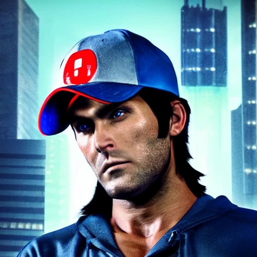 side close up portrait of ash Ketchum detailed face, large muscles, 8 pecs, shiny, insanely realistic, chiseled jaw, very muscular, full body, dynamic standing pose, spotlight, cyberpunk city, wired, multicolored, vibrant high contrast, hyperrealistic, photografic, 8k, epic ambient light, octane render, 712 x 430