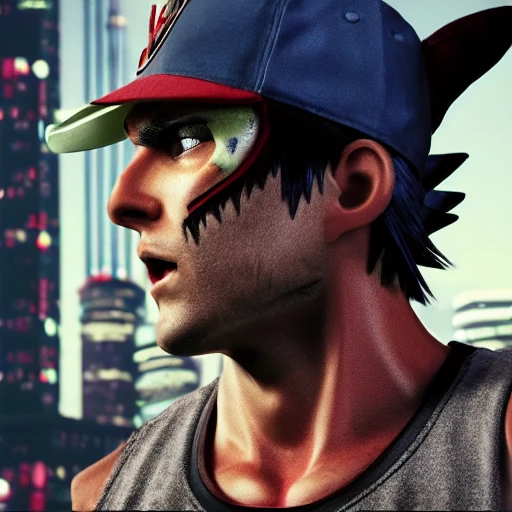 side close up portrait of ash Ketchum detailed face, large muscles, 8 pecs, shiny, insanely realistic, chiseled jaw, very muscular, full body, dynamic standing pose, spotlight, cyberpunk city, wired, multicolored, vibrant high contrast, hyperrealistic, photografic, 8k, epic ambient light, octane render, 712 x 430