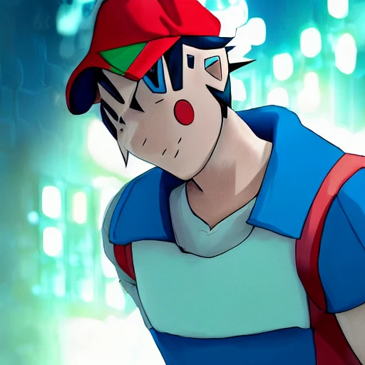 side close up portrait of ash Ketchum detailed face, wearing white and blue jacket with yellow lining, dark undershirt shirt, light washed jeans, and green gloves, large muscles, 8 pecs, shiny, insanely realistic, chiseled jaw, very muscular, full body, dynamic standing pose, spotlight, cyberpunk city, wired, multicolored, vibrant high contrast, hyperrealistic, photografic, 8k, epic ambient light, octane render, 712 x 430