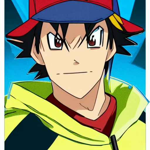 side close up portrait of ash Ketchum detailed face, wearing white and blue jacket with yellow lining, dark undershirt shirt, light washed jeans, and green gloves, large muscles, 8 pecs, shiny, insanely realistic, chiseled jaw, very muscular, full body, dynamic standing pose, spotlight, cyberpunk city, wired, multicolored, vibrant high contrast, hyperrealistic, photografic, 8k, epic ambient light, octane render, 712 x 430