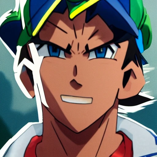 side close up portrait of ash Ketchum detailed face, wearing white and blue jacket with yellow lining, dark undershirt shirt, light washed jeans, and green gloves, large muscles, 8 pecs, shiny, insanely realistic, chiseled jaw, very muscular, full body, dynamic standing pose, spotlight, cyberpunk city, wired, multicolored, vibrant high contrast, hyperrealistic, photografic, 8k, epic ambient light, octane render, 712 x 430