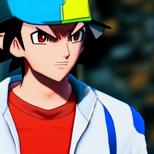 side close up portrait of ash Ketchum detailed face, wearing white and blue jacket with yellow lining, dark undershirt shirt, light washed jeans, and green gloves, large muscles, 8 pecs, shiny, insanely realistic, chiseled jaw, very muscular, full body, dynamic standing pose, spotlight, cyberpunk city, wired, multicolored, vibrant high contrast, hyperrealistic, photografic, 8k, epic ambient light, octane render, 712 x 430