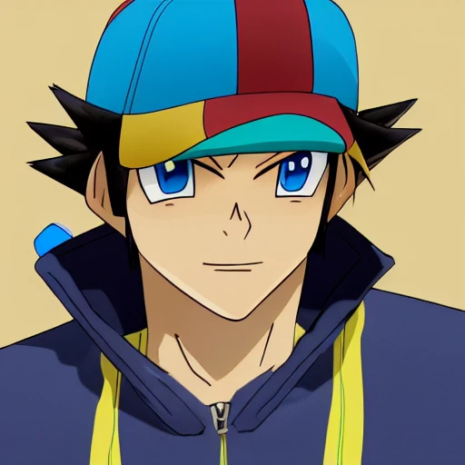 side close up portrait of ash Ketchum detailed face, wearing white and blue jacket with yellow lining, dark undershirt shirt, light washed jeans, and green gloves, large muscles, 8 pecs, shiny, insanely realistic, chiseled jaw, very muscular, full body, dynamic standing pose, spotlight, cyberpunk city, wired, multicolored, vibrant high contrast, hyperrealistic, photografic, 8k, epic ambient light, octane render, 712 x 430