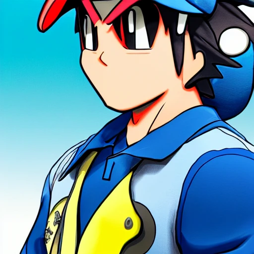 side close up portrait of ash Ketchum detailed face, wearing white and blue jacket with yellow lining, dark undershirt shirt, light washed jeans, and green gloves, large muscles, 8 pecs, shiny, insanely realistic, chiseled jaw, very muscular, full body, dynamic standing pose, spotlight, cyberpunk city, wired, multicolored, vibrant high contrast, hyperrealistic, photografic, 8k, epic ambient light, octane render, 712 x 430