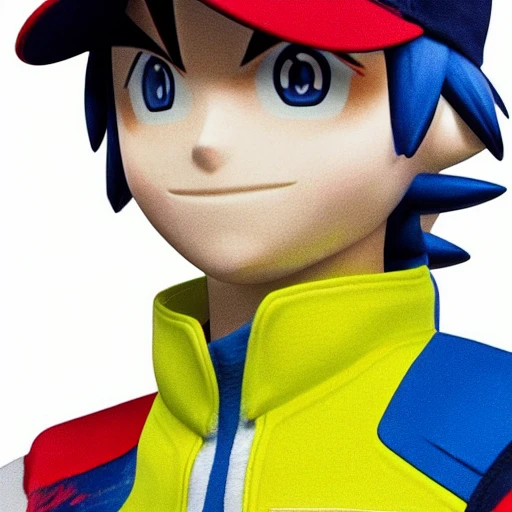 side close up portrait of ash Ketchum detailed face, wearing white and blue jacket with yellow lining, dark undershirt shirt, light washed jeans, and green gloves, large muscles, 8 pecs, shiny, insanely realistic, chiseled jaw, very muscular, full body, dynamic standing pose, spotlight, cyberpunk city, wired, multicolored, vibrant high contrast, hyperrealistic, photografic, 8k, epic ambient light, octane render, 712 x 430