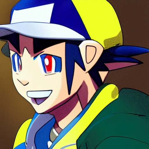 side close up portrait of ash Ketchum detailed face, wearing white and blue jacket with yellow lining, dark undershirt shirt, light washed jeans, and green gloves, large muscles, 8 pecs, shiny, insanely realistic, chiseled jaw, very muscular, full body, dynamic standing pose, spotlight, cyberpunk city, wired, multicolored, vibrant high contrast, hyperrealistic, photografic, 8k, epic ambient light, octane render, 712 x 430