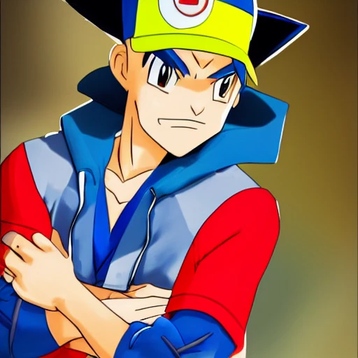 side close up portrait of ash Ketchum detailed face, wearing white and blue jacket with yellow lining, dark undershirt shirt, light washed jeans, and green gloves, large muscles, 8 pecs, shiny, insanely realistic, chiseled jaw, very muscular, full body, dynamic standing pose, spotlight, cyberpunk city, wired, multicolored, vibrant high contrast, hyperrealistic, photografic, 8k, epic ambient light, octane render, 712 x 430