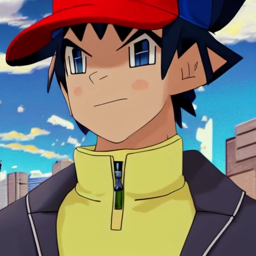 side close up portrait of ash Ketchum detailed face, wearing white and blue jacket with yellow lining, dark undershirt shirt, light washed jeans, and green gloves, large muscles, 8 pecs, shiny, insanely realistic, chiseled jaw, very muscular, full body, dynamic standing pose, spotlight, cyberpunk city, wired, multicolored, vibrant high contrast, hyperrealistic, photografic, 8k, epic ambient light, octane render, 712 x 430