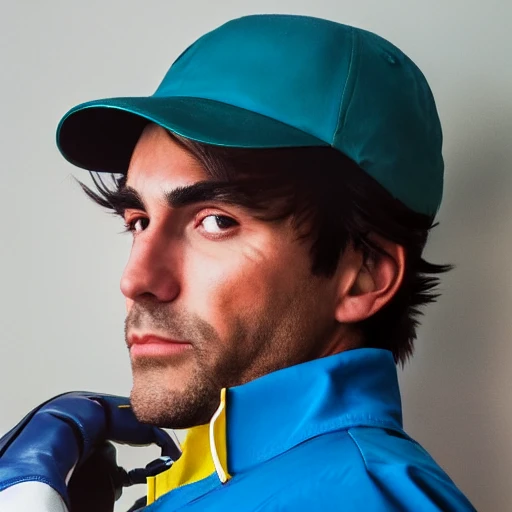 side close up portrait of ash Ketchum detailed face, wearing white and blue jacket with yellow lining, dark undershirt shirt, light washed jeans, and green gloves, large muscles, 8 pecs, shiny, insanely realistic, chiseled jaw, very muscular, full body, dynamic standing pose, spotlight, cyberpunk city, wired, multicolored, vibrant high contrast, hyperrealistic, photografic, 8k, epic ambient light, octane render, 712 x 430