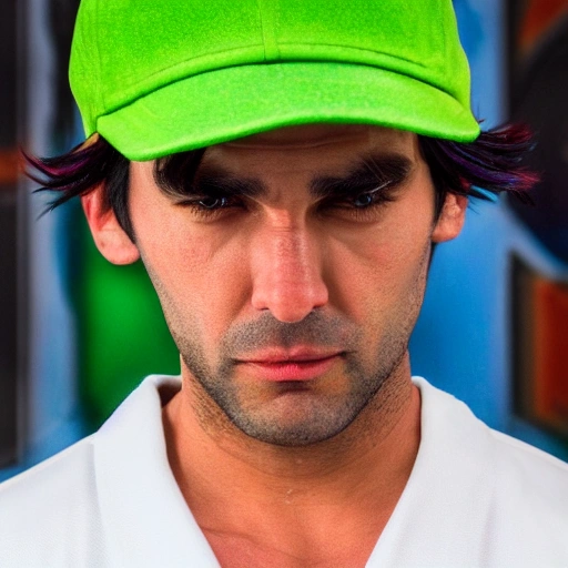 side close up portrait of ash Ketchum detailed face, wearing white and blue jacket with yellow lining, dark undershirt shirt, light washed jeans, and green gloves, large muscles, 8 pecs, shiny, insanely realistic, chiseled jaw, very muscular, full body, dynamic standing pose, spotlight, cyberpunk city, wired, multicolored, vibrant high contrast, hyperrealistic, photografic, 8k, epic ambient light, octane render, 712 x 430