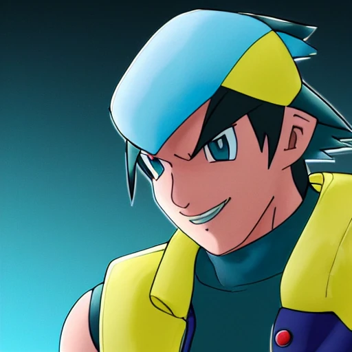 side close up portrait of ash from Pokemon detailed face, wearing white and blue jacket with yellow lining, dark undershirt shirt, light washed jeans, and green gloves, large muscles, 8 pecs, shiny, insanely realistic, chiseled jaw, very muscular, full body, dynamic standing pose, spotlight, cyberpunk city, wired, multicolored, vibrant high contrast, hyperrealistic, photografic, 8k, epic ambient light, octane render, 712 x 430