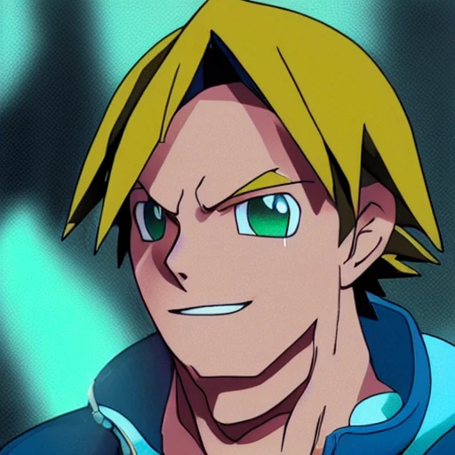 side close up portrait of ash from Pokemon detailed face, wearing white and blue jacket with yellow lining, dark undershirt shirt, light washed jeans, and green gloves, large muscles, 8 pecs, shiny, insanely realistic, chiseled jaw, very muscular, full body, dynamic standing pose, spotlight, cyberpunk city, wired, multicolored, vibrant high contrast, hyperrealistic, photografic, 8k, epic ambient light, octane render, 712 x 430