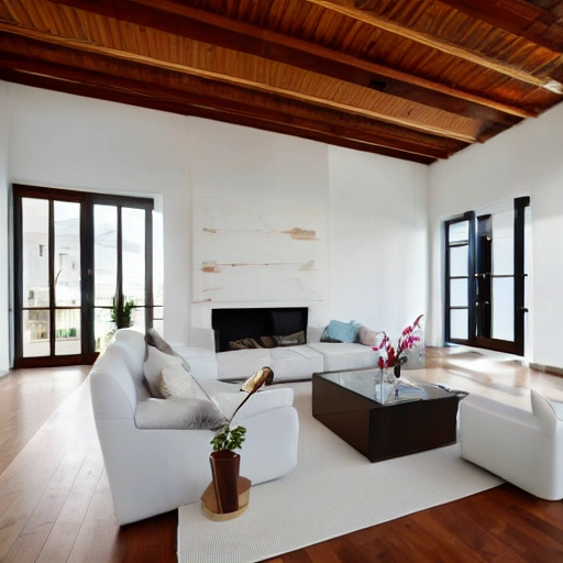 A modern living room with a beautiful white marble table between 2 white sofas ,on the left of the living room there are floor to ceiling glass window and on the right of the living room there are wooden stairs to the second floor, 8k resolution, professional interior design photograph