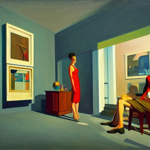 Interior shot of contemporary museum with abstarct arts hanging on the wall,  very coherent, painted by Edward Hopper, painted by James Gilleard, airbrush,  art by JamesJean