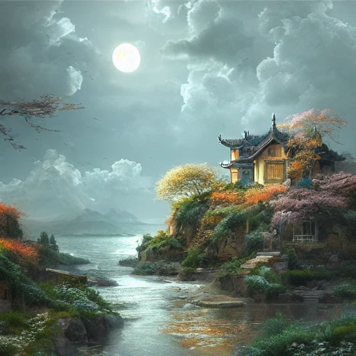 Landscape: Cloudy House: Moon: World: Fantasy: Myth:Colorful: Ruan Jia+Huang Jianguang ：8k ：Highest picture quality
, 3D