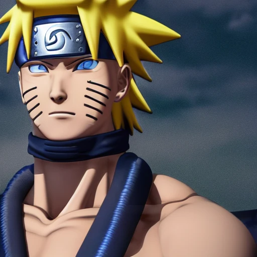 side close up portrait of Naruto detailed face, large muscles, 8 pecs, shiny, insanely realistic, chiseled jaw, very muscular, full body, dynamic standing pose, spotlight, cyberpunk city, wired, multicolored, vibrant high contrast, hyperrealistic, photografic, 8k, epic ambient light, octane render, 712 x 430