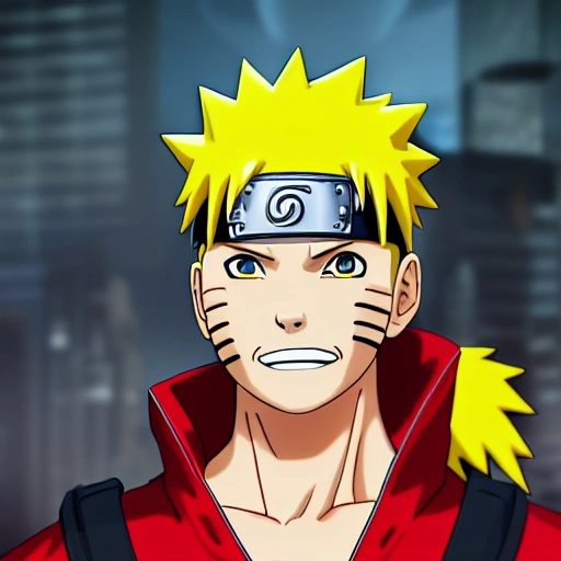 side close up portrait of Naruto wearing red and black ninja suit insanely realistic ,highly detailed face, large muscles, 8 pecs, shiny, insanely realistic, chiseled jaw, very muscular, full body, dynamic standing pose, spotlight, cyberpunk city, wired, multicolored, vibrant high contrast, hyperrealistic, photografic, 8k, epic ambient light, octane render, 712 x 430, 