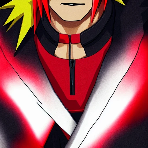 side close up portrait of Naruto wearing red and black ninja suit insanely realistic ,highly detailed face, large muscles, 8 pecs, shiny, insanely realistic, chiseled jaw, very muscular, full body, dynamic standing pose, spotlight, cyberpunk city, wired, multicolored, vibrant high contrast, hyperrealistic, photografic, 8k, epic ambient light, octane render, 712 x 430, 