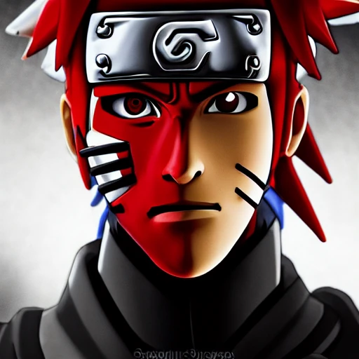 side close up portrait of Naruto wearing red and black ninja suit insanely realistic ,highly detailed face, large muscles, 8 pecs, shiny, insanely realistic, chiseled jaw, very muscular, full body, dynamic standing pose, spotlight, cyberpunk city, wired, multicolored, vibrant high contrast, hyperrealistic, photografic, 8k, epic ambient light, octane render, 712 x 430, 