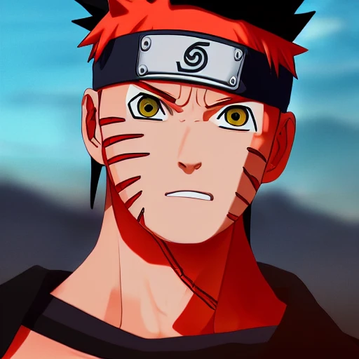 side close up portrait of Naruto wearing red and black ninja suit insanely realistic ,highly detailed face, large muscles, 8 pecs, shiny, insanely realistic, chiseled jaw, very muscular, full body, dynamic standing pose, spotlight, cyberpunk city, wired, multicolored, vibrant high contrast, hyperrealistic, photografic, 8k, epic ambient light, octane render, 712 x 430, 