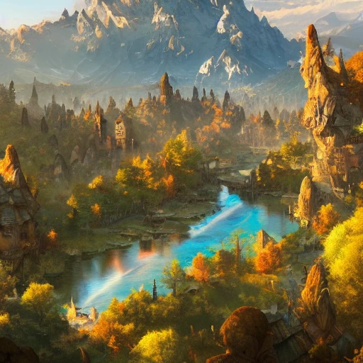 a birds eye view overlooking an ancient fantasy city surrounded by mountains and trees of greens and browns, rivers and lakes by Jordan Grimmer, Asher Brown Durand and Ryan Dening, 8k, artstation, beautiful color pallette