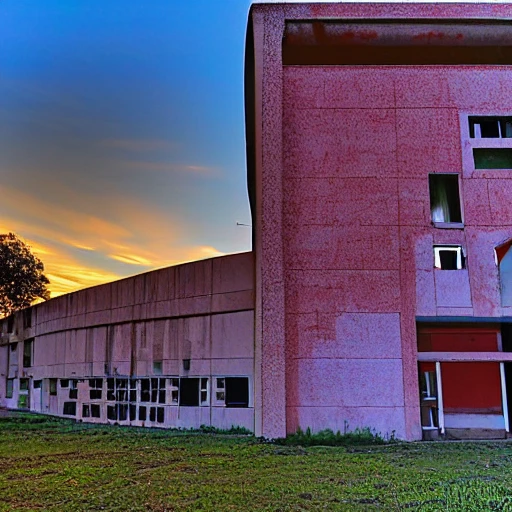 An abandoned high school made out of robots,John Lautner,Sunrise,Early Modern,Roy Lichtenstein,Disposable Camera, Cartoon