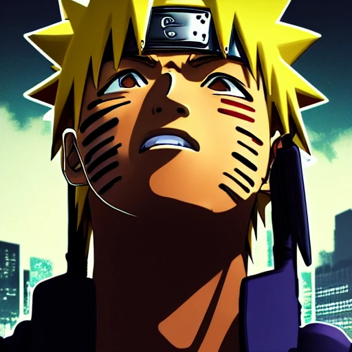 side close up portrait of Naruto, background, insanely realistic ,highly detailed face, large muscles, 8 pecs, shiny, insanely realistic, chiseled jaw, very muscular, full body, dynamic standing pose, spotlight, cyberpunk city, wired, multicolored, vibrant high contrast, hyperrealistic, photografic, 8k, epic ambient light, octane render, 712 x 430, 