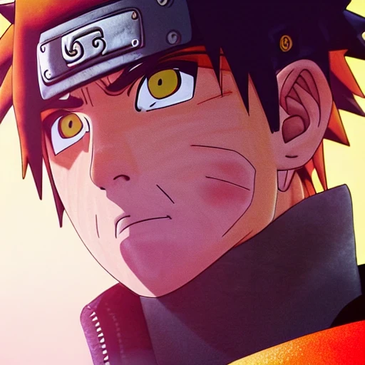 side close up portrait of Naruto, background, insanely realistic ,highly detailed face, large muscles, 8 pecs, shiny, insanely realistic, chiseled jaw, very muscular, full body, dynamic standing pose, spotlight, cyberpunk city, wired, multicolored, vibrant high contrast, hyperrealistic, photografic, 8k, epic ambient light, octane render, 712 x 430, 